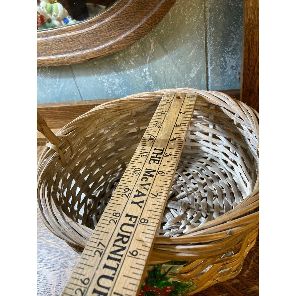 Vintage Wicker Basket with Ceramic Strawberry Accent Cottagecore Round Decor